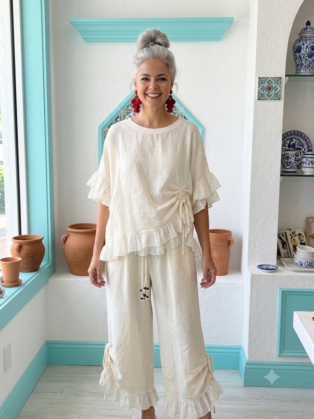 Rashasworld 100% linen creme silk ruffle Wide Leg Pants & Top Set O/S